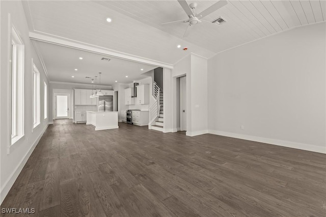 1136 Trail Terrace Dr, Naples, FL 34103 - unfurnished living room featuring dark wood-style flooring, baseboards, ceiling fan, and visible vents