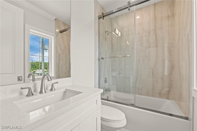 1136 Trail Terrace Dr, Naples, FL 34103 - bathroom with ornamental molding, toilet, vanity, and shower / bath combination with glass door