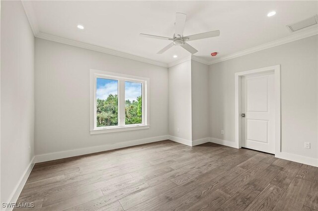 1136 Trail Terrace Dr, Naples, FL 34103 - empty room with crown molding, a ceiling fan, wood finished floors, baseboards, and recessed lighting
