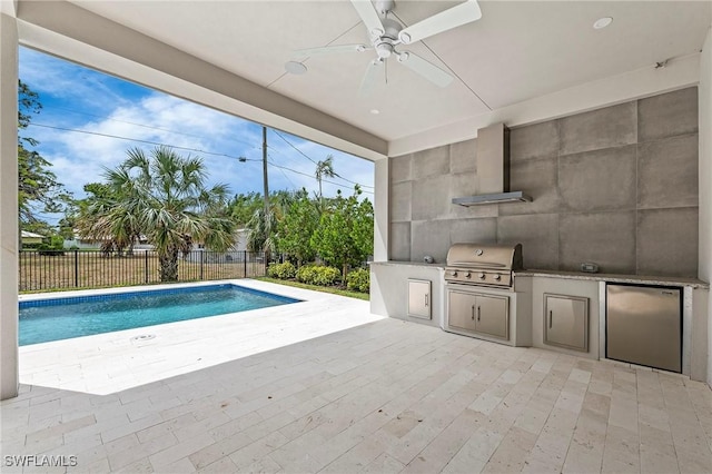 1136 Trail Terrace Dr, Naples, FL 34103 - view of pool featuring fence, area for grilling, a fenced in pool, a ceiling fan, and an outdoor kitchen