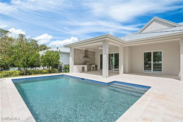 1136 Trail Terrace Dr, Naples, FL 34103 - view of swimming pool featuring fence, a fenced in pool, a ceiling fan, a grill, and a patio area