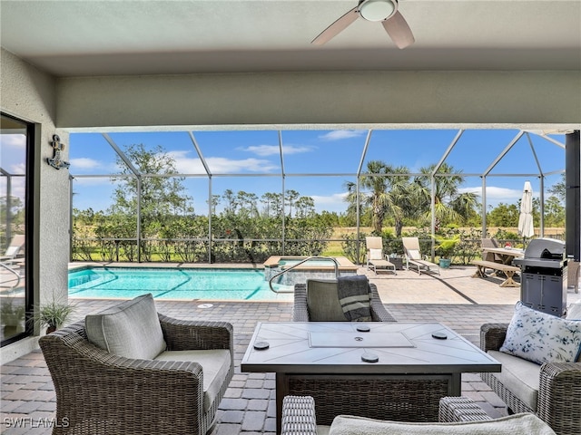 19469 The Place Blvd, Estero, FL 33928 - view of pool with a patio area, a ceiling fan, an outdoor hangout area, and a pool with connected hot tub
