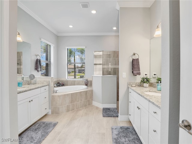 19469 The Place Blvd, Estero, FL 33928 - full bath featuring two vanities, a bath, ornamental molding, a walk in shower, and recessed lighting