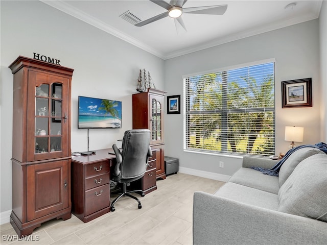19469 The Place Blvd, Estero, FL 33928 - office area with ceiling fan, ornamental molding, and baseboards