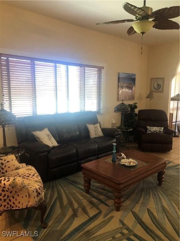 living area featuring ceiling fan and a wealth of natural light