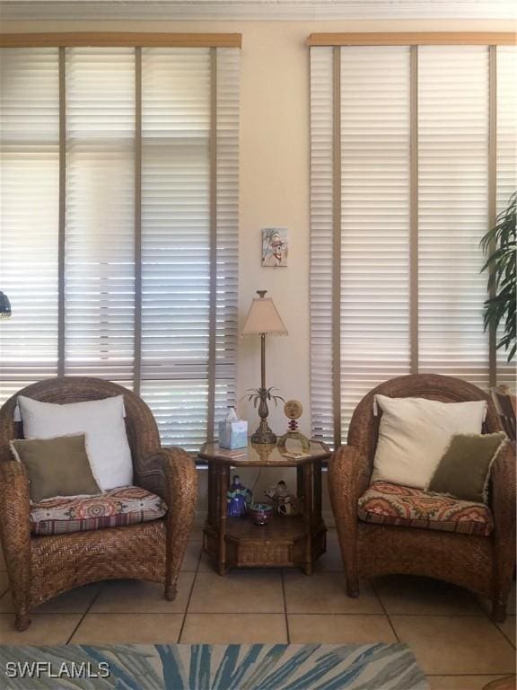 living area with tile patterned flooring