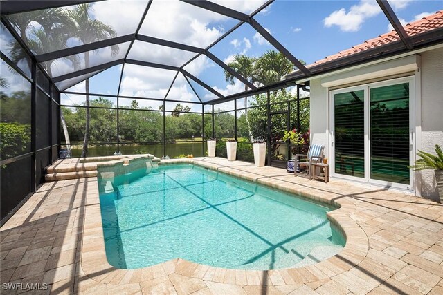 1002 Fountain Run, Naples, FL 34119 - view of swimming pool with a patio, a pool with connected hot tub, a water view, and glass enclosure