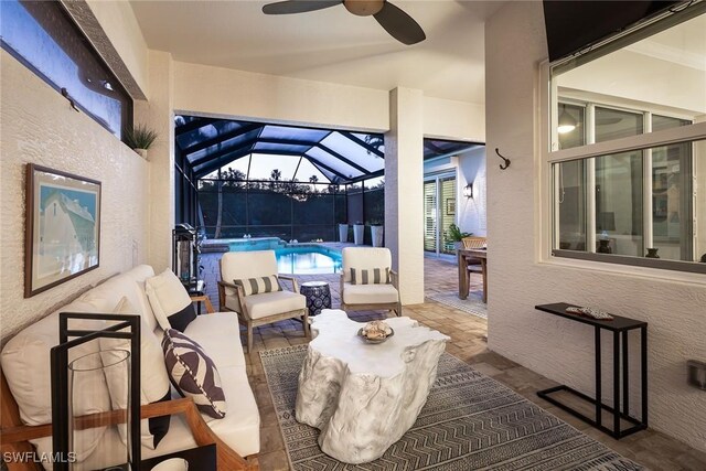1002 Fountain Run, Naples, FL 34119 - view of patio featuring a ceiling fan, an outdoor pool, outdoor lounge area, and a lanai