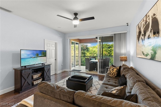 10021 Heather Ln Unit 803, Naples, FL 34119 - living area featuring ceiling fan, baseboards, dark wood-style flooring, and visible vents