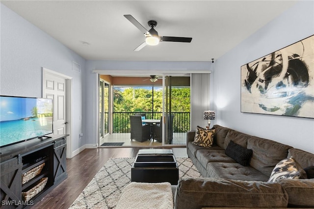 10021 Heather Ln Unit 803, Naples, FL 34119 - living room with ceiling fan, baseboards, and dark wood-type flooring