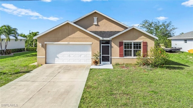 ranch-style home featuring a front yard, roof with shingles, concrete driveway, stucco siding, and a garage