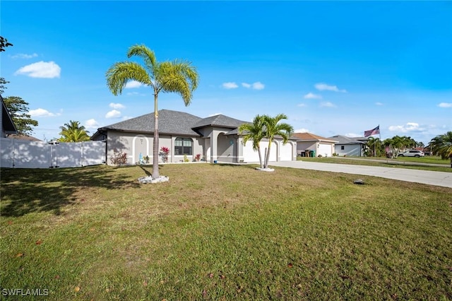 4116 SW 15th Ave, Cape Coral, FL 33914 - view of front of home with a front lawn, concrete driveway, fence, an attached garage, and stucco siding