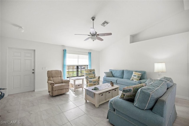 4116 SW 15th Ave, Cape Coral, FL 33914 - living area featuring vaulted ceiling, visible vents, marble finish floor, and a ceiling fan
