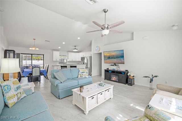 4116 SW 15th Ave, Cape Coral, FL 33914 - living room with recessed lighting, visible vents, high vaulted ceiling, and ceiling fan with notable chandelier