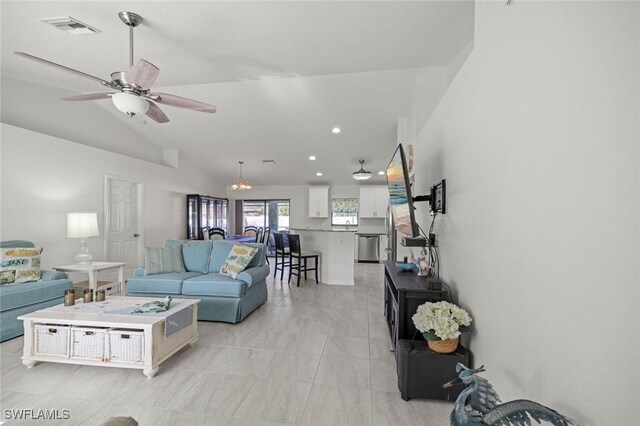 4116 SW 15th Ave, Cape Coral, FL 33914 - living room with vaulted ceiling, visible vents, recessed lighting, a ceiling fan, and marble finish floor