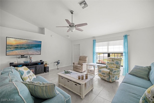 4116 SW 15th Ave, Cape Coral, FL 33914 - living room with ceiling fan, lofted ceiling, and visible vents