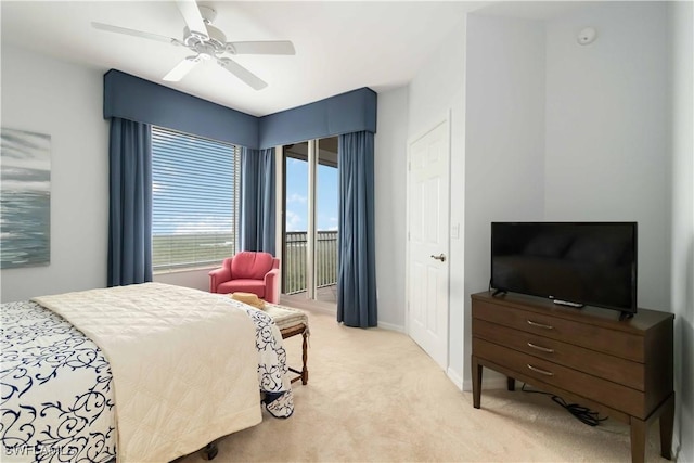 carpeted bedroom featuring ceiling fan, access to outside, and baseboards