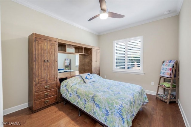9282 Quarry Dr, Naples, FL 34120 - bedroom featuring crown molding, wood finished floors, baseboards, and a ceiling fan