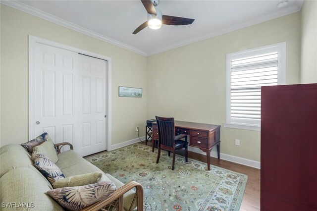 9282 Quarry Dr, Naples, FL 34120 - office area with baseboards, wood finished floors, ornamental molding, and ceiling fan