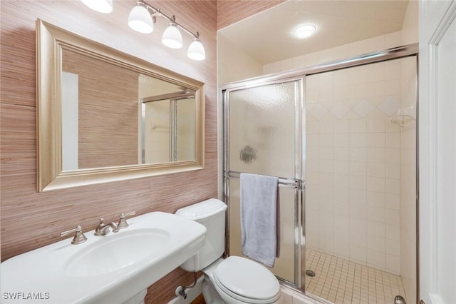 full bathroom with toilet, a stall shower, and a sink