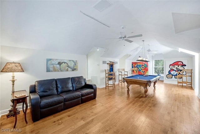 playroom with billiards, light wood-style floors, ceiling fan, baseboards, and lofted ceiling