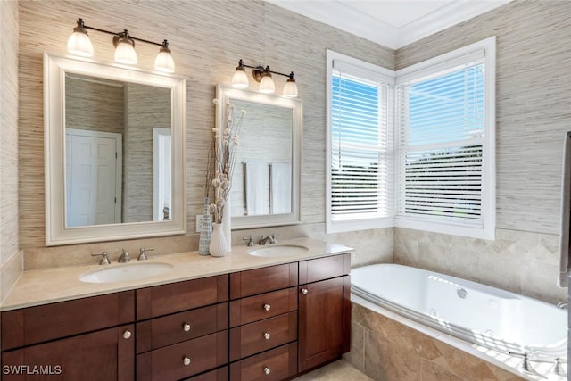 full bath featuring double vanity, a bath, and a sink