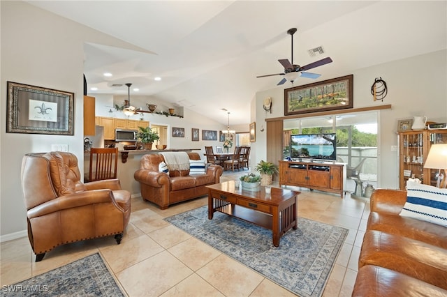 living room with light tile patterned flooring, visible vents, vaulted ceiling, and ceiling fan with notable chandelier