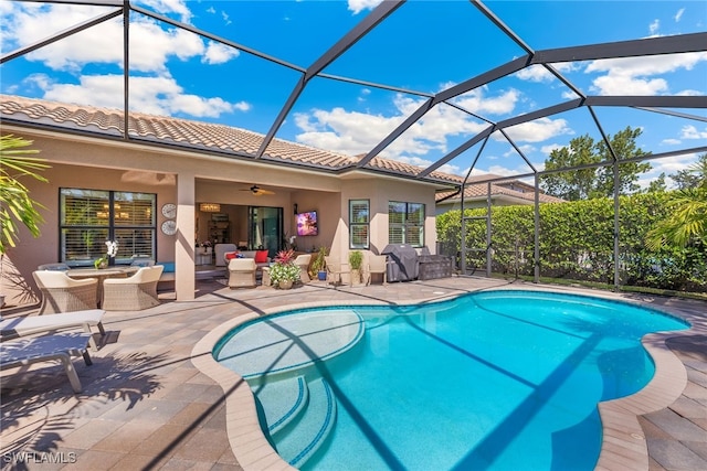 4194 Aspen Chase Dr, Naples, FL 34119 - swimming pool with an outdoor living space, a patio area, and a ceiling fan