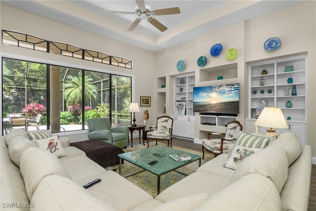 3370 Oaklake Ct, Bonita Springs, FL 34134 - living room with ceiling fan, a towering ceiling, and wood finished floors