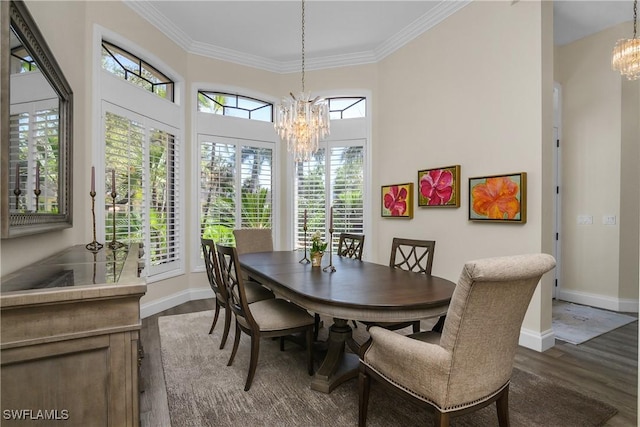 3370 Oaklake Ct, Bonita Springs, FL 34134 - dining area with baseboards, a notable chandelier, dark wood-style flooring, and crown molding