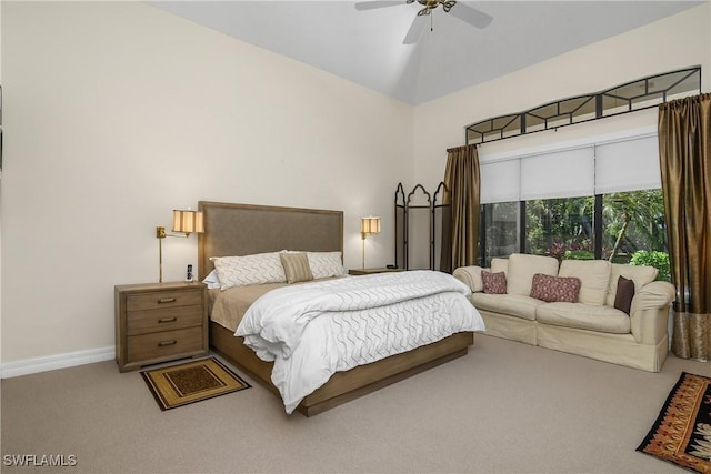 3370 Oaklake Ct, Bonita Springs, FL 34134 - bedroom with high vaulted ceiling, carpet flooring, baseboards, and a ceiling fan