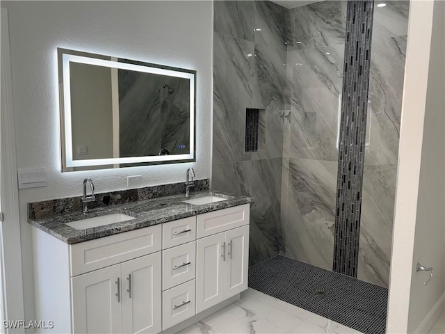 3014 6th St W, Lehigh Acres, FL 33971 - full bathroom featuring marble look tile flooring, a marble finish shower, and double vanity
