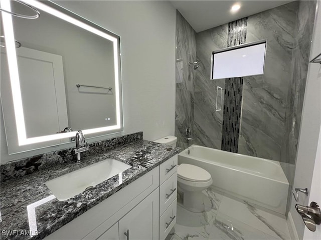 bathroom with vanity, marble finish floor, toilet, recessed lighting, and shower / bathing tub combination