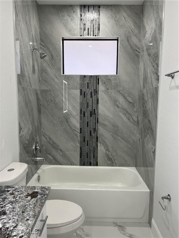 full bath with vanity, toilet, marble finish floor, and bathtub / shower combination