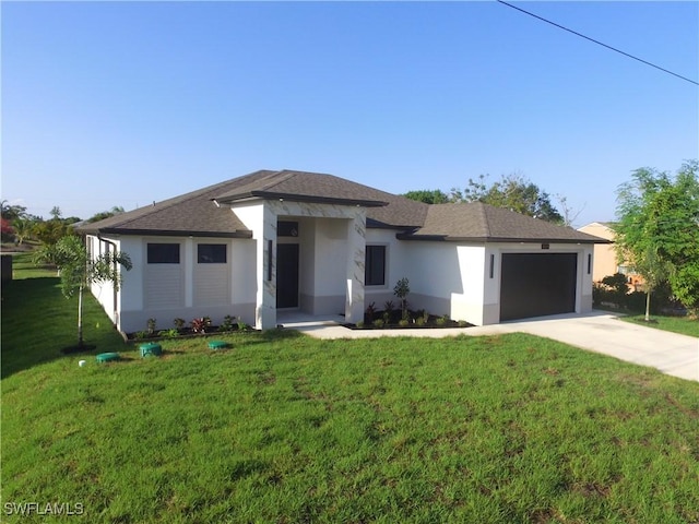 view of front of house with roof with shingles, a garage, a front lawn, concrete driveway, and stucco siding