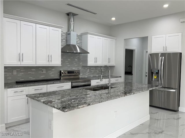kitchen featuring visible vents, appliances with stainless steel finishes, a sink, marble finish floor, and recessed lighting