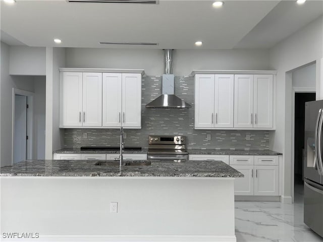 kitchen featuring backsplash, appliances with stainless steel finishes, a sink, marble finish floor, and recessed lighting