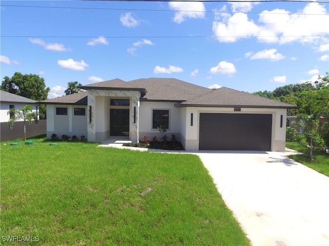 3014 6th St W, Lehigh Acres, FL 33971 - prairie-style home featuring stucco siding, a garage, concrete driveway, a front yard, and roof with shingles