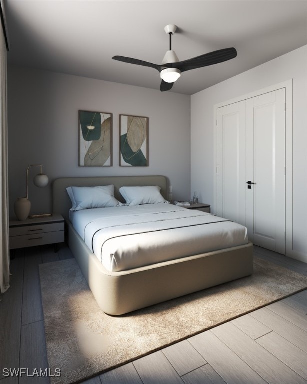 1118 Fontana St E, Lehigh Acres, FL 33974 - bedroom with wood finished floors and a ceiling fan