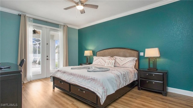 1824 SE 20th Ln, Cape Coral, FL 33990 - bedroom with wood finished floors, ornamental molding, baseboards, ceiling fan, and access to outside