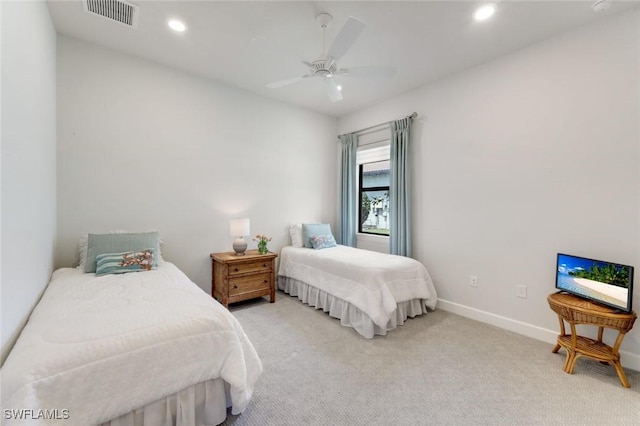 bedroom featuring recessed lighting, visible vents, a ceiling fan, baseboards, and light colored carpet