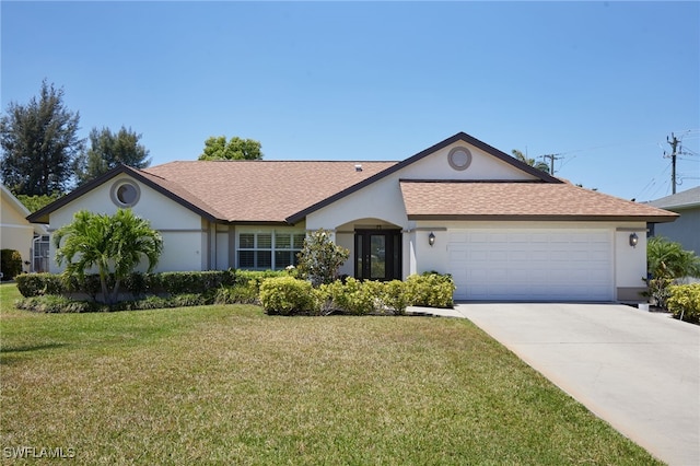 single story home featuring roof with shingles, an attached garage, concrete driveway, stucco siding, and a front yard