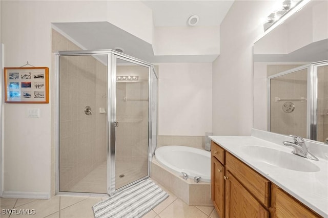 6683 Castlelawn Pl, Naples, FL 34113 - bathroom with a bath, tile patterned floors, a shower stall, and vanity
