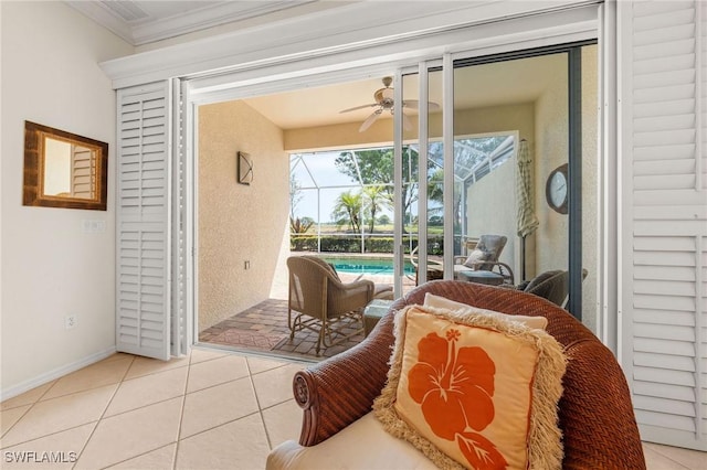 6683 Castlelawn Pl, Naples, FL 34113 - interior space with visible vents, a sunroom, ornamental molding, ceiling fan, and tile patterned floors