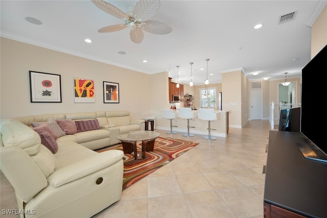 6532 Monterey Pt Unit 202, Naples, FL 34105 - living room featuring ornamental molding, recessed lighting, ceiling fan, light tile patterned floors, and baseboards