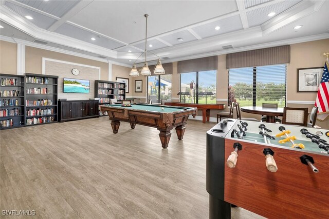 6532 Monterey Pt Unit 202, Naples, FL 34105 - game room with coffered ceiling, ornamental molding, light wood finished floors, billiards table, and recessed lighting