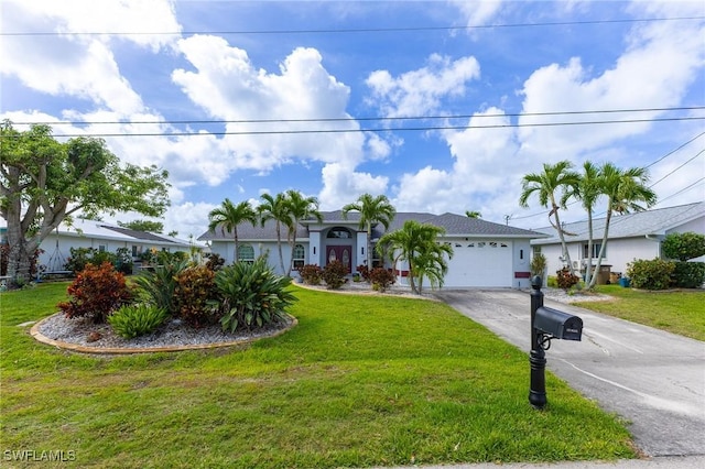 ranch-style home featuring a front lawn, driveway, stucco siding, and a garage