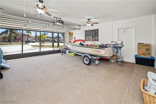 garage featuring a garage door opener and a ceiling fan