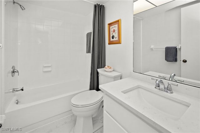 bathroom with toilet, shower / bathtub combination with curtain, marble finish floor, and vanity
