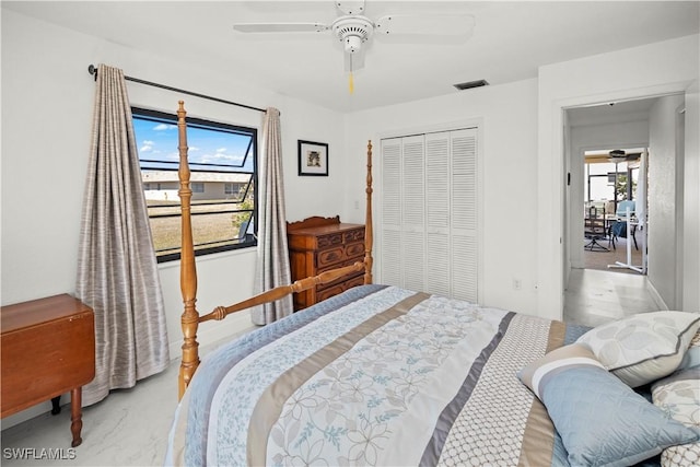 bedroom with a closet, a ceiling fan, and visible vents